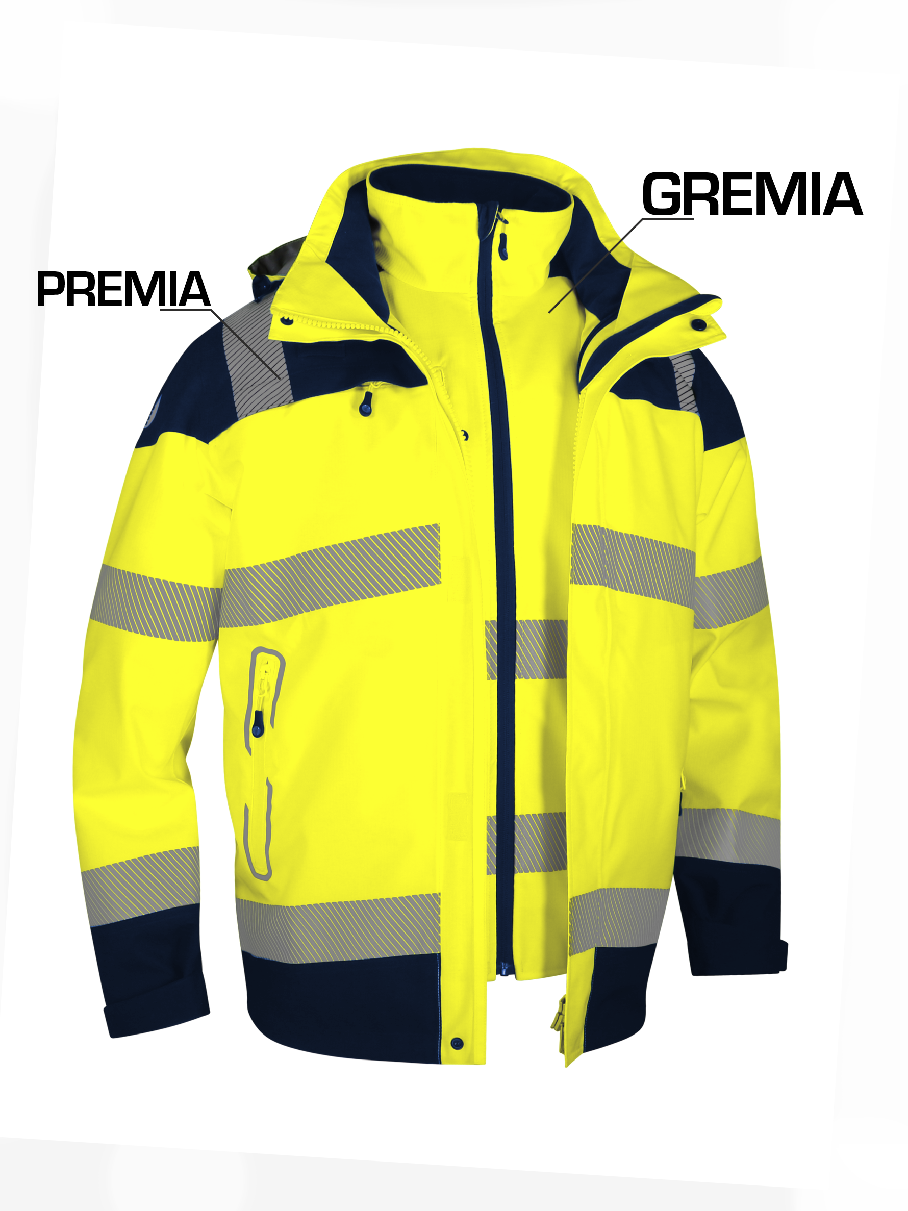 Parka PREMIA ouverte montrant le gilet GREMIA intégré à l'intérieur