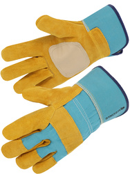 Safety glove. Yellow cow split leather palm. Yellow grain reinforcement on palm.