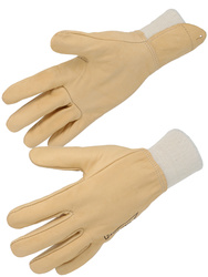 All soft beige cow grain leather glove.Elasticated wrist with vein patch.