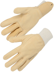 Cow grain leather glove. Elasticated wrist with vein patch.