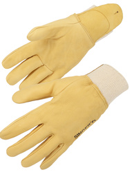 Full cow grain leather glove. Leather vein patch at wrist.