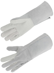 Handschuh mit Innenhand aus genarbtem Rinderleder. Handrücken aus Spaltleder. 1