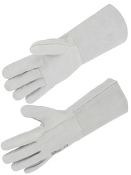 Handschoenen volledig van rundsplitledermet een 15 cm manchet.