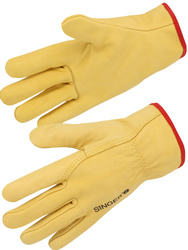 Handschuh aus genarbtem Rinderleder. Farbe gelb. Gummizug.