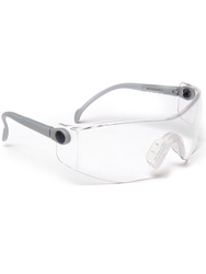 Safety spectacle. Adjustable temple length. Pivoting frame. Clear lens.