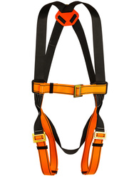 Full body harness. One dorsal attachmentD-ring. Adjustable thigh straps.
