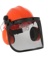 Kit forestier constitué d'un casque, d'un antibruit et d'une visière grillagée