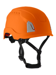 Unventilated protective orange helmet. Inner shell in EPP.