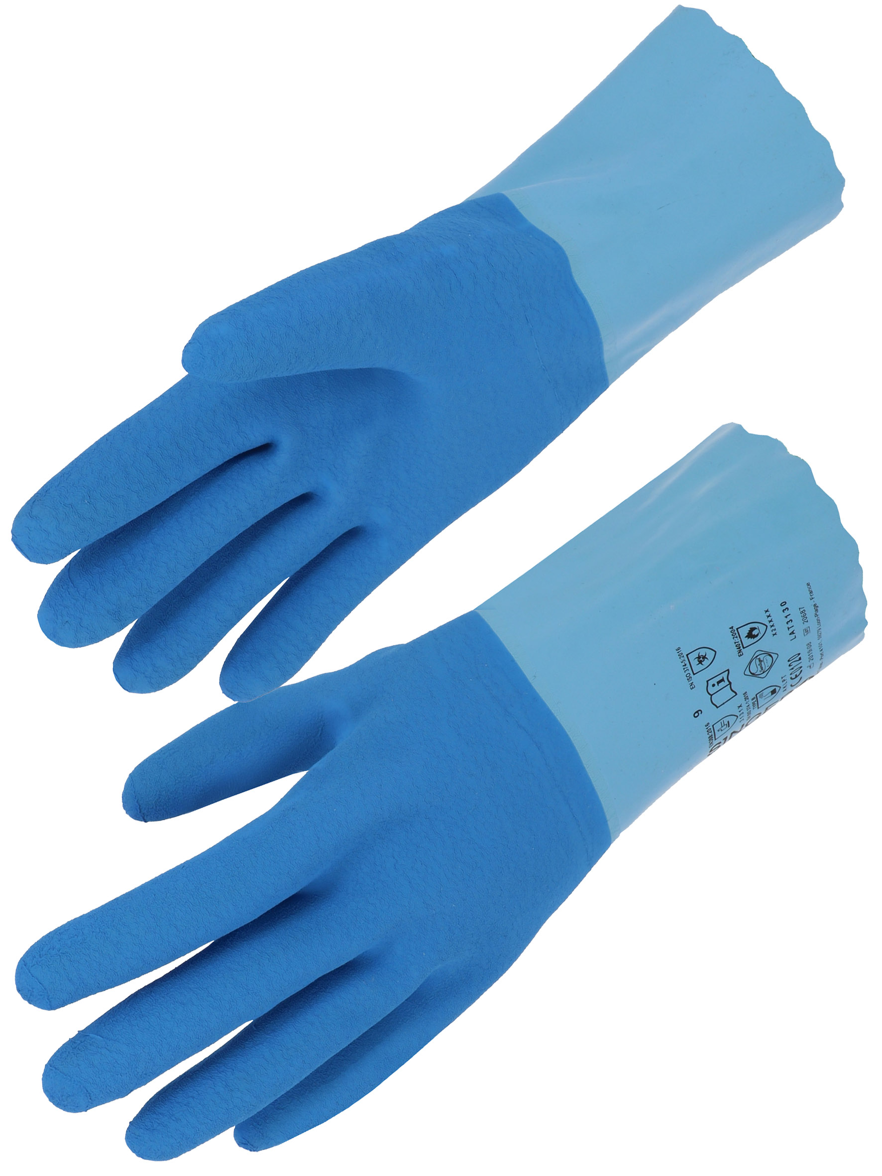 Gant latex main adhérisé bicolore bleu sur jersey coton - Taille XL