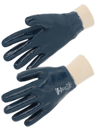 Nitrile glove. Heavy coating. Fully coated. Knitted wrist.