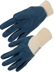 Nitrile glove. Light coating. Open back.Knitted wrist.