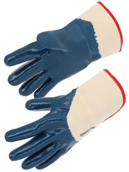 Nitrile glove. Heavy coating. Open back.Safety cuff.