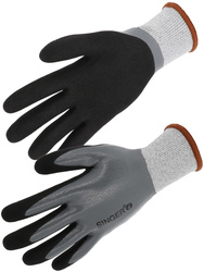 Cut D. PEHD glove. Double nitrile coating palm. Fully coated. 13 gauge.