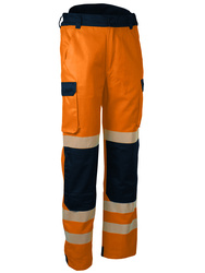 High visibility work trousers. 54% cotton and 46% polyester, 270 gsm.