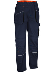 Work trousers. 65% polyester/ 35% cotton. 245 gsm. Navy blue/black/orange.