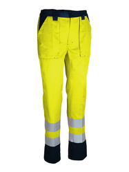 High visibility work trousers. 65% polyester and 35% cotton, 245 gsm.