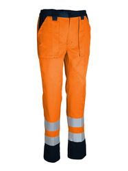 High visibility work trousers. 65% polyester and 35% cotton, 245 gsm.