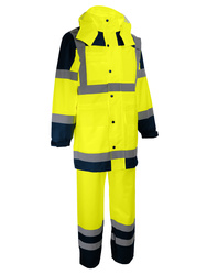 Warnschutz-Regenkombi: Mantel + Hose. Polyester, PU-beschichtet.