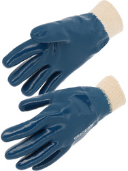 Nitrile glove. Heavy coating. Fully coated. Knitted wrist.