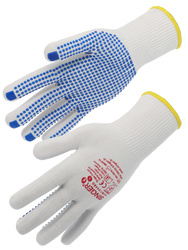 Handschoenen van elastische polyamide. Blauwe PVC noppen op de handpalm.