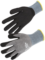 Foam nitrile coated glove. Open back. Nitrile dotted palm. 15 gauge.