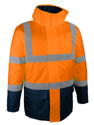 Tweekleurige parka jas. Hoge zichtbaarheid kleding.