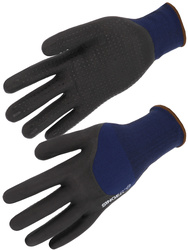 Foam nitrile coated glove. knuckle coated version. Nitrile dotted palm. 15 gauge