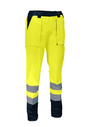 High visibility work trousers. 65% polyester and 35% cotton, 245 gsm.