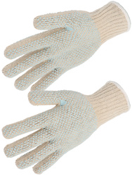 Polyester en katoen handschoenen. Gestippeld PVC aan beide zijden.