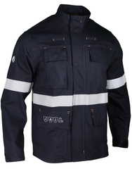 Chaqueta multi-riesgo. Bandas retroreflectantes. 98% algodón/2% carbón. 350 g/m²