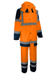 Warnschutz-Regenkombi: Mantel + Hose. Polyester, PU-beschichtet.